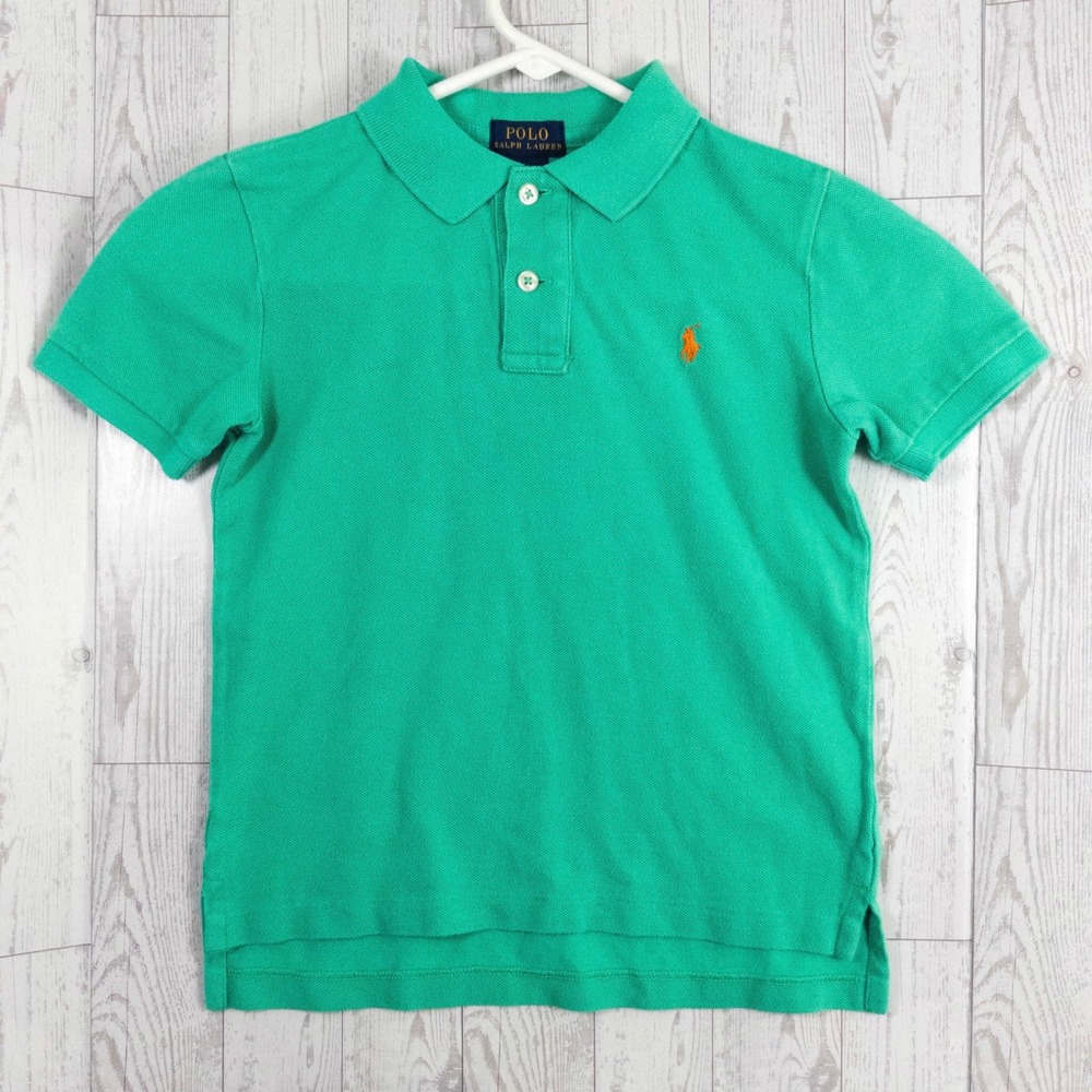 Polo‎ Ralph Lauren Boys Green Mesh Polo Shirt Size 7 Orange Pony 100% Cotton